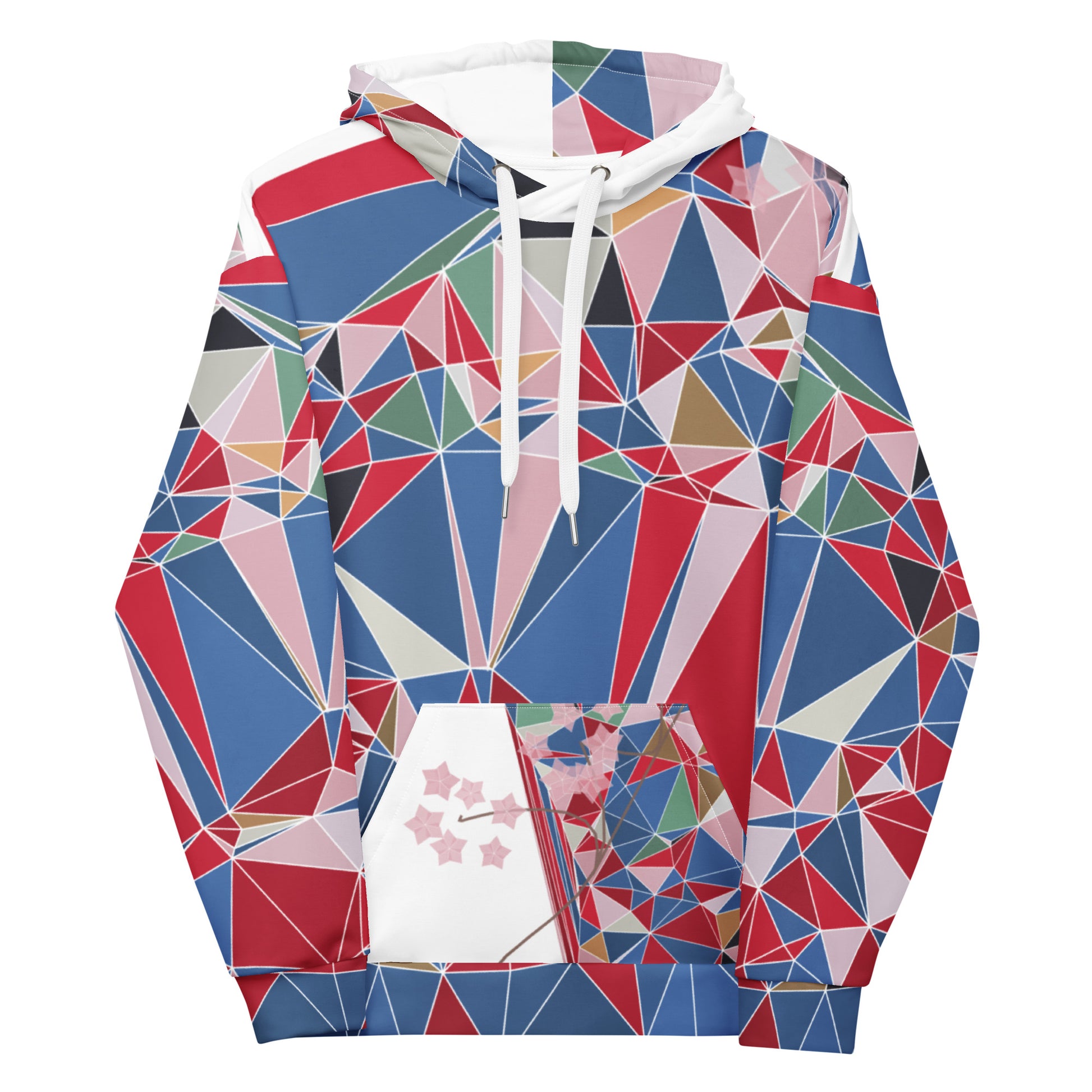 Geometric patterned hoodie with cherry blossoms graphic on a white background