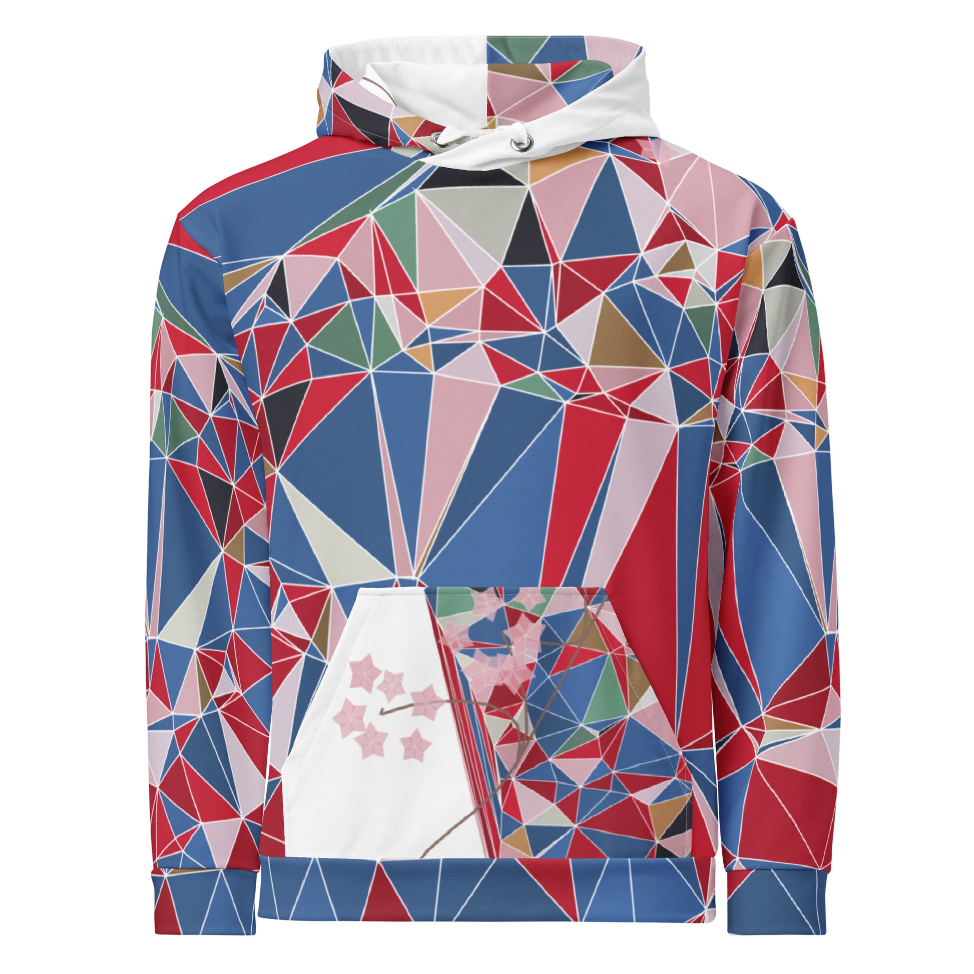 Colorful geometric-patterned hoodie with cherry blossoms graphic on a white background