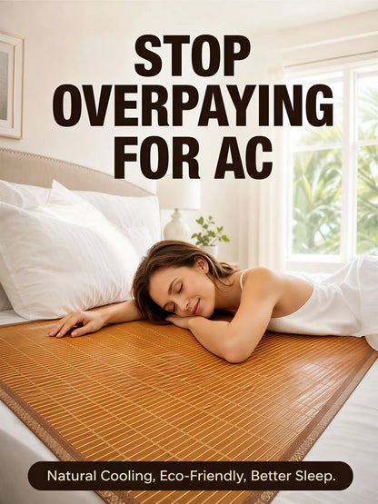 Woman lying on a bamboo mat in a bedroom with text about AC savings.