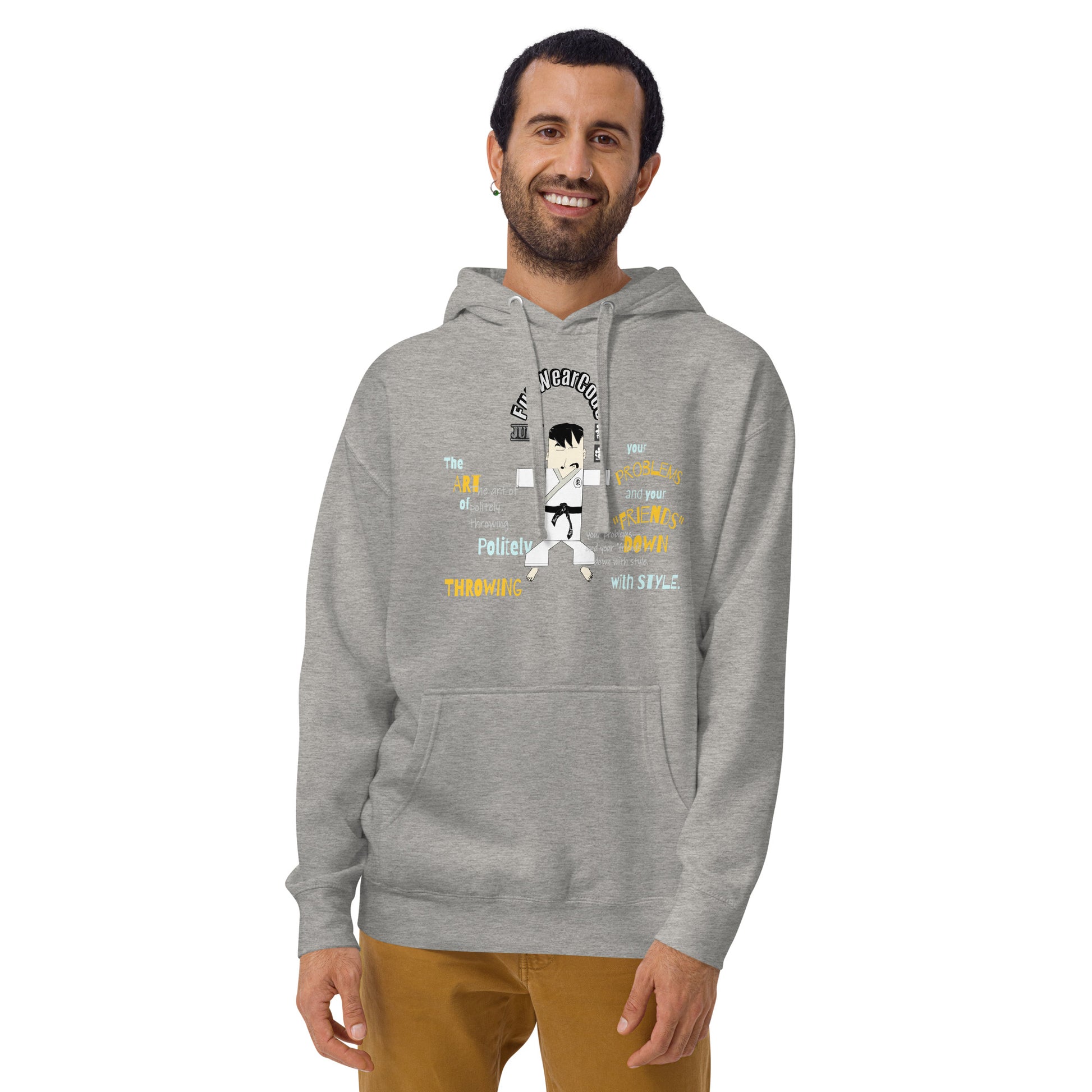 Man wearing a 'Fun Wear Code' branded gray hoodie with a playful judo man graphic design on a white background