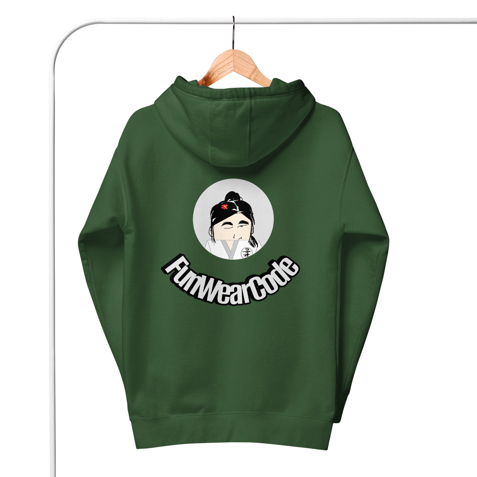 Green hoodie with a 'Fun Wear Code' logo and graphic on the back, hanging on a wooden hanger against a white background.
