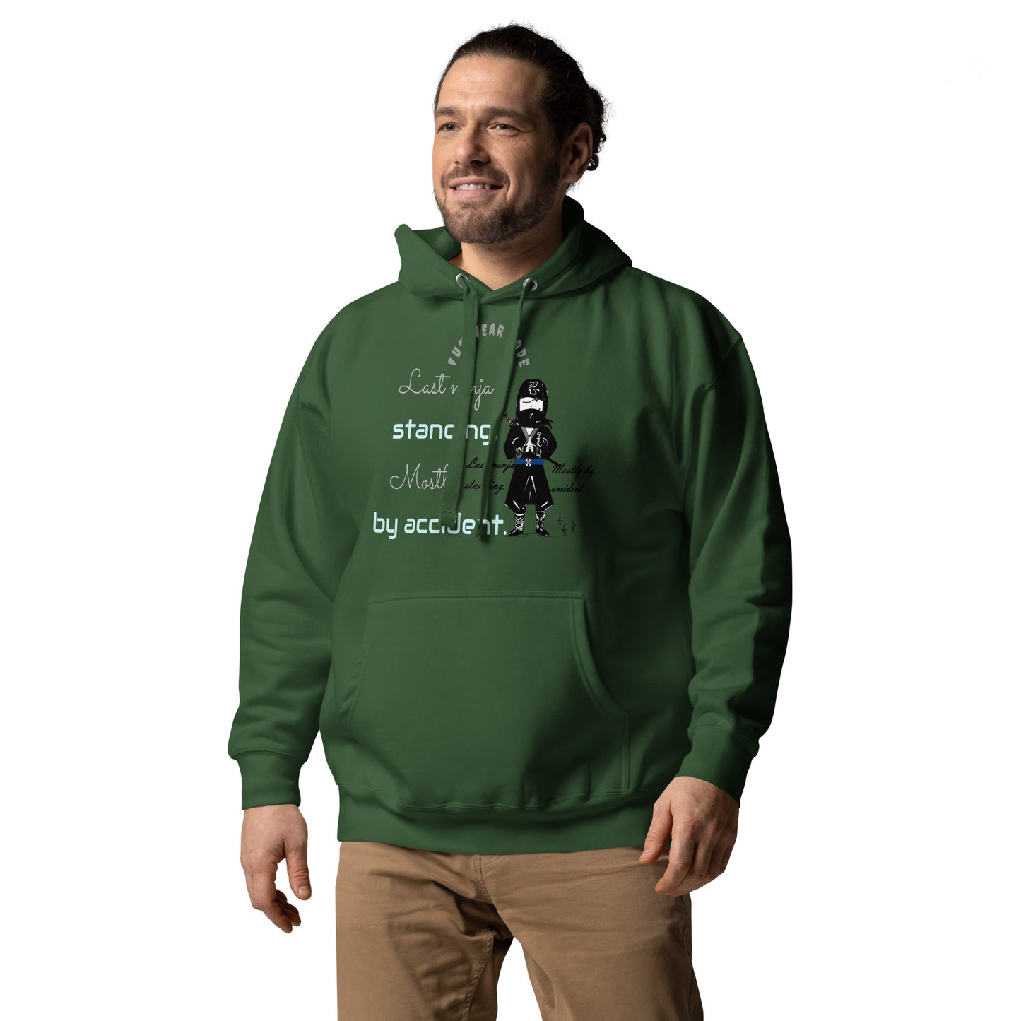 Man wearing a green hoodie with text and graphics on a white background