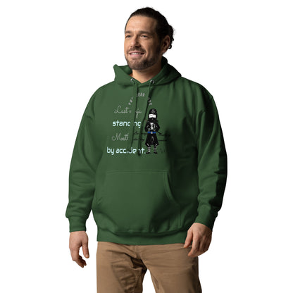 Man wearing a green hoodie with text and graphics on a white background