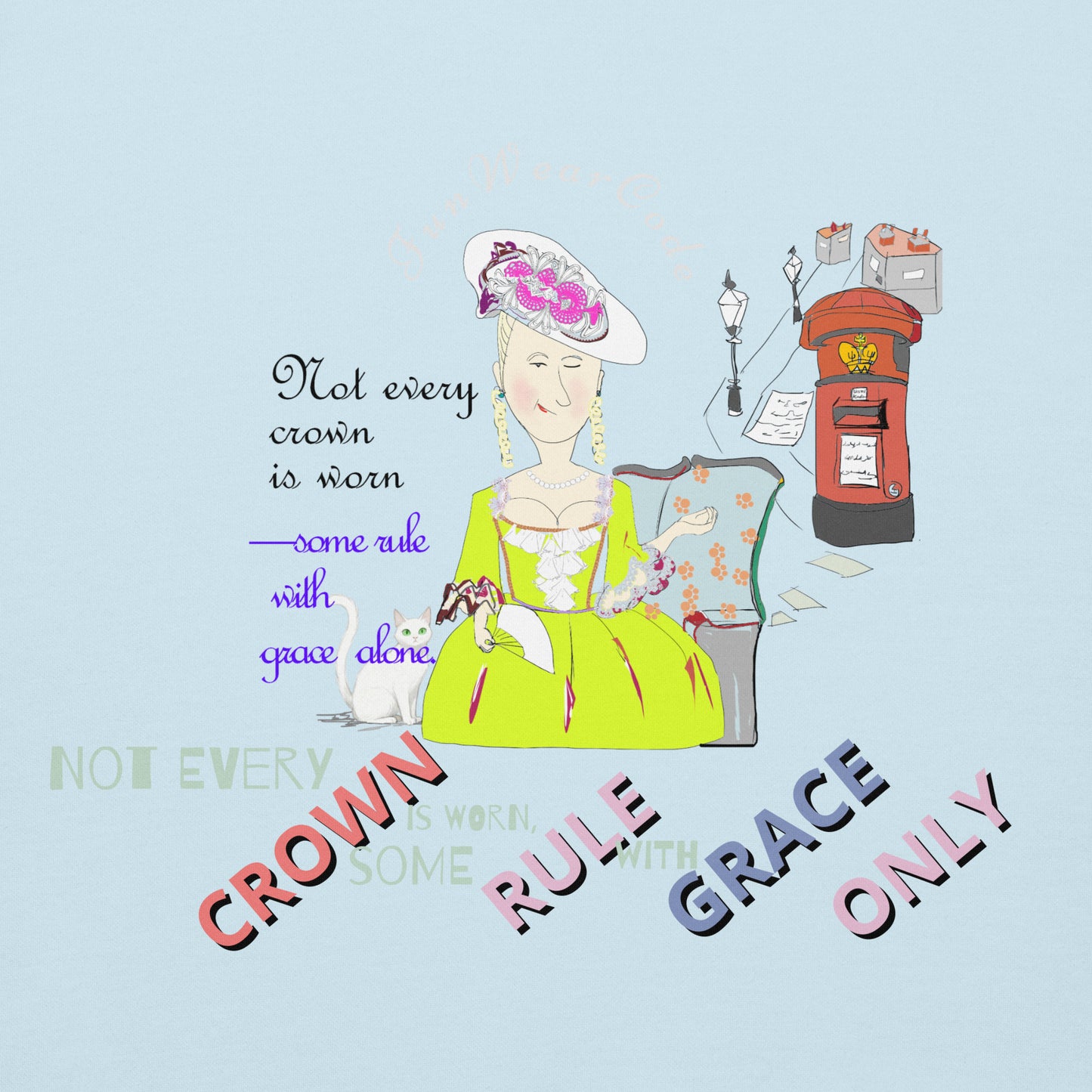 Illustration of a woman in a green dress with a pink crown, sitting at a desk with text on a light blue background.