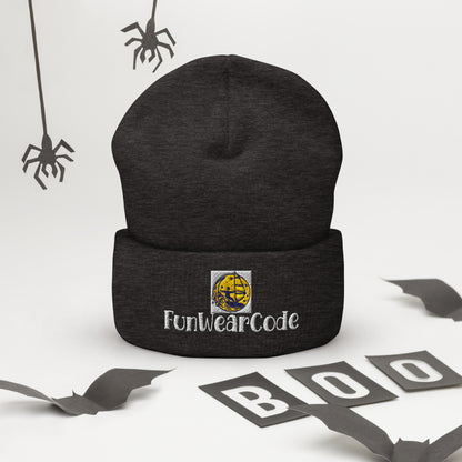 Black beanie with FunWearCode logo on a white background with Halloween decorations.