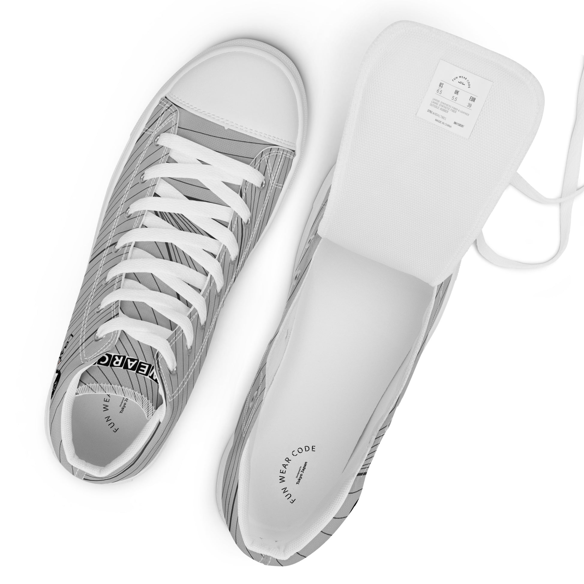 White sneakers with gray soles with  'Fun Wear Code' text logo on a white background