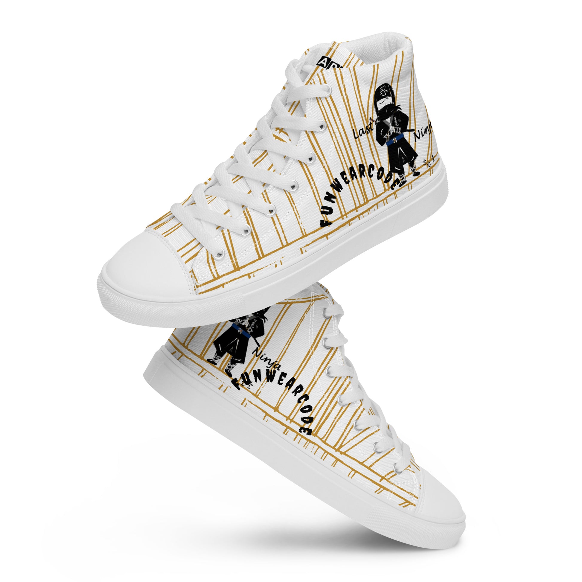 White high-top sneakers with a ninja graphic and 'Fun Wear Code' text logo, and with gold accents and black graphics on a white background
