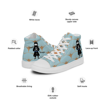 High-top sneakers with a playful ninja graphic design and white laces, featuring a text 'Last ninja' and brand label 'Funwearcode' in a white background.