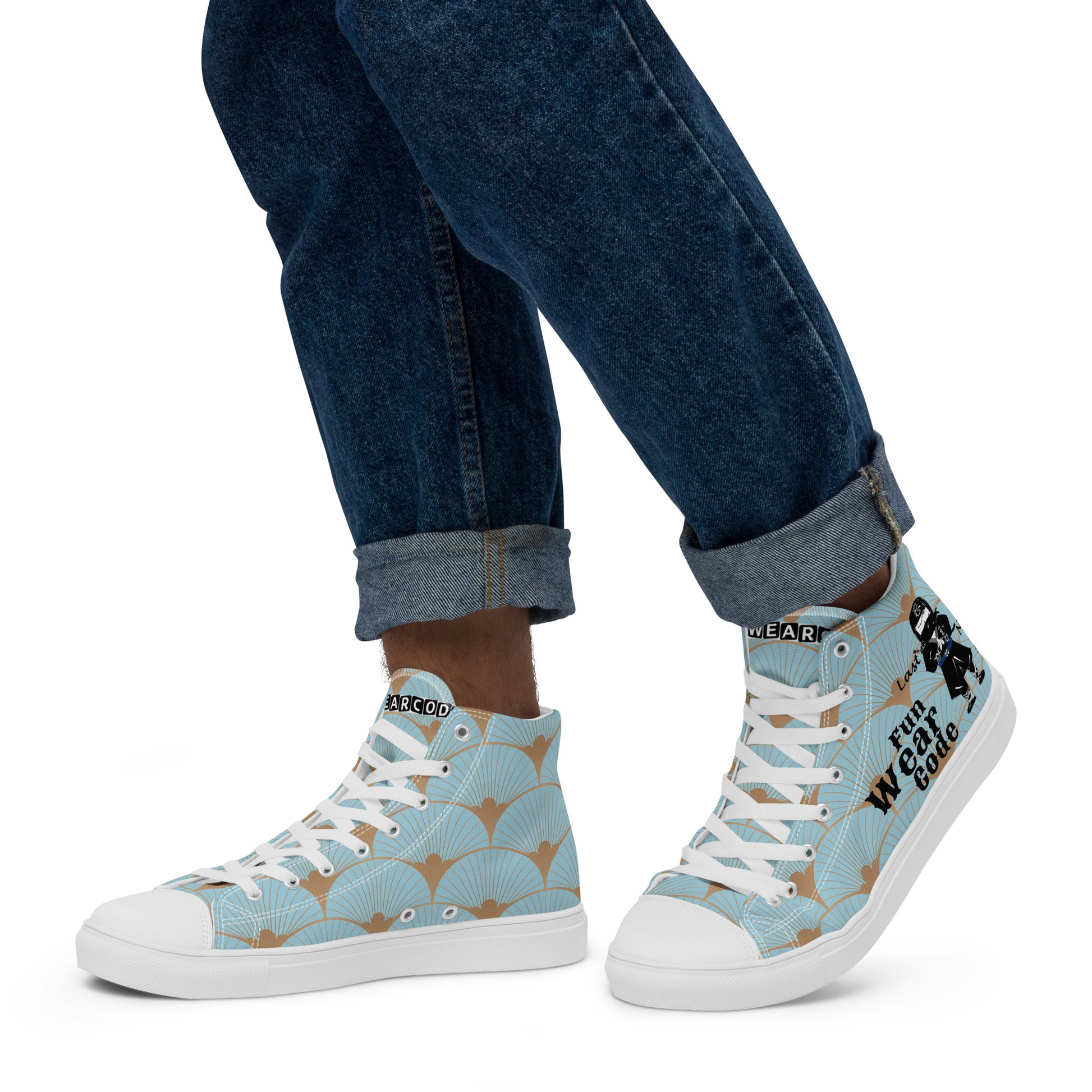 Blue patterned sneakers with a ninja graphic and 'Fun Wear Code' text logo worn with rolled-up jeans on a white background