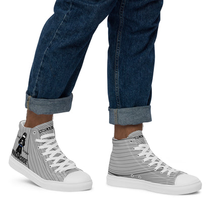 Gray high-top sneakers with white laces and with a ninja graphic and 'Fun Wear Code' text logo, worn with rolled-up blue jeans on a white background