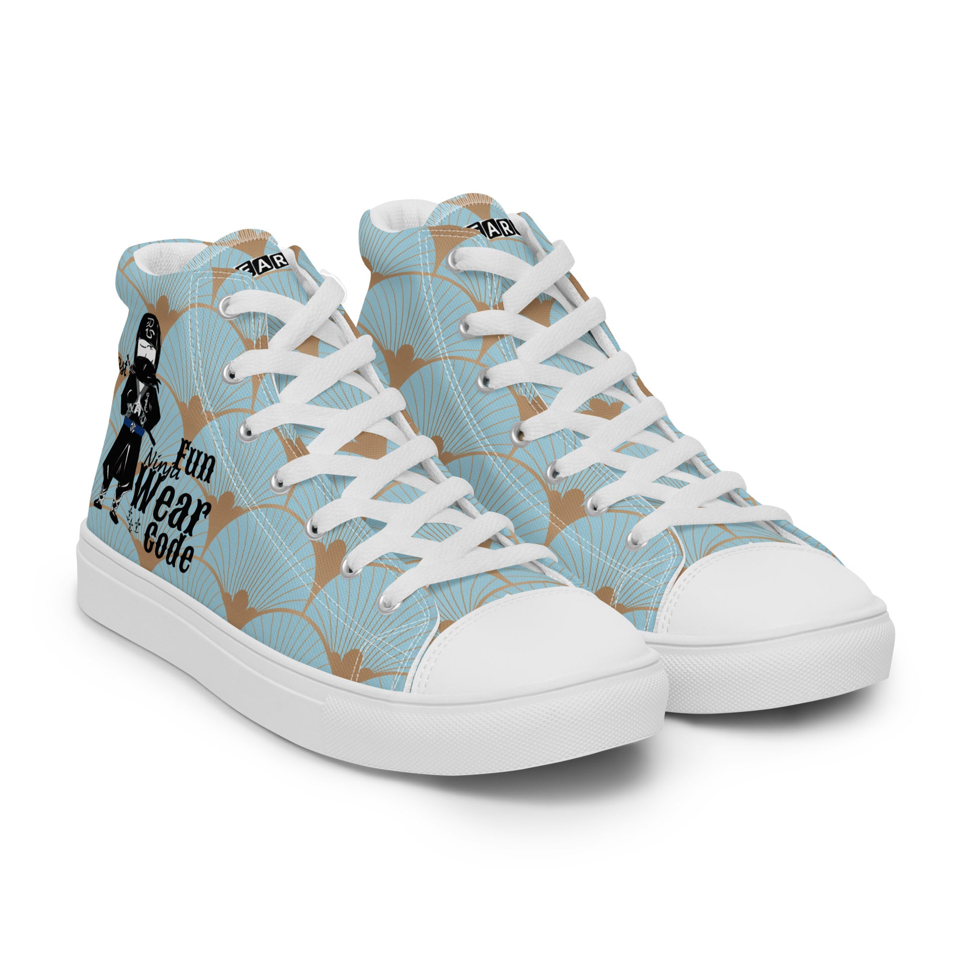Blue high-top sneakers with a ninja graphic and 'Fun Wear Code' text logo, and white laces on a white background