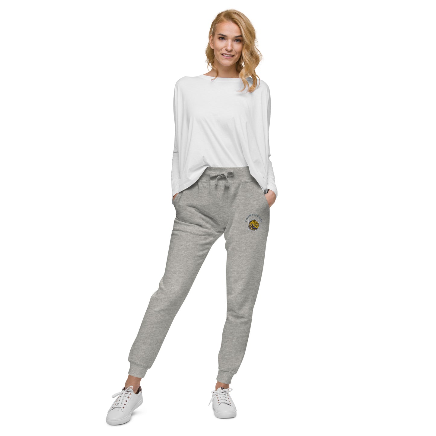 Woman wearing a white long-sleeve top and gray sweatpants with a 'Fun Wear Code' logo on a white background