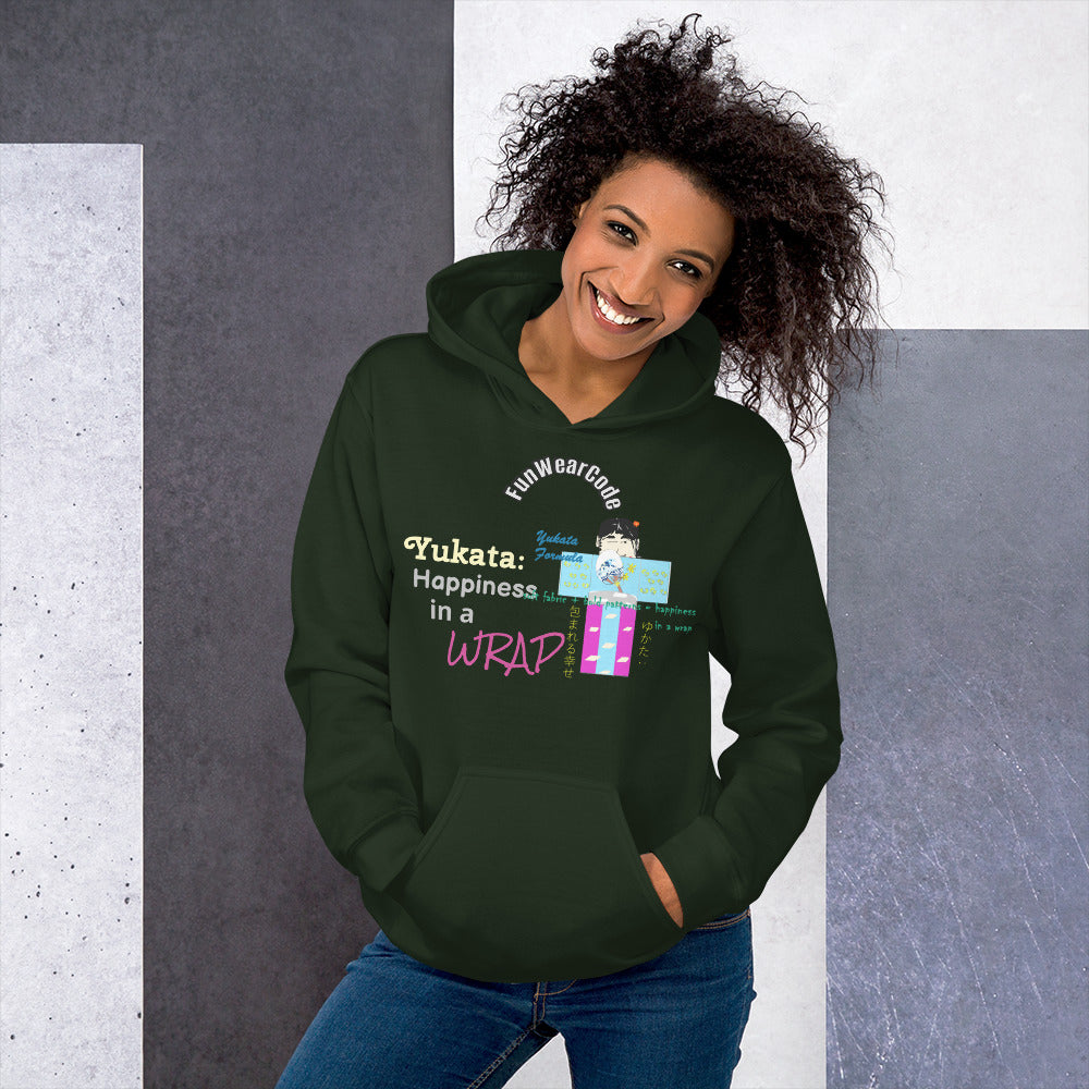 Person wearing a dark green hoodie with text and graphics on a gray and white background