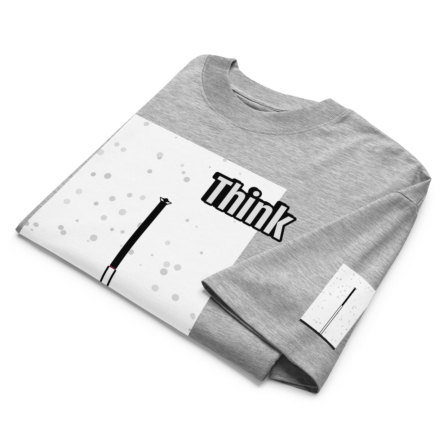 Folded gray t-shirt with 'Think' text and an abstract long-leg human graphic on a white background