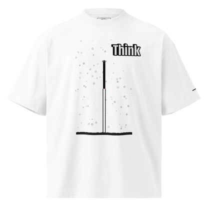 White t-shirt with 'Think' text and an abstract long-leg human graphic design on a white background