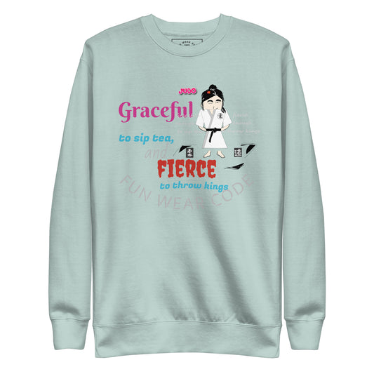 Light blue sweatshirt with a judo lady graphic design and 'Fun Wear Code' text logo on a white background