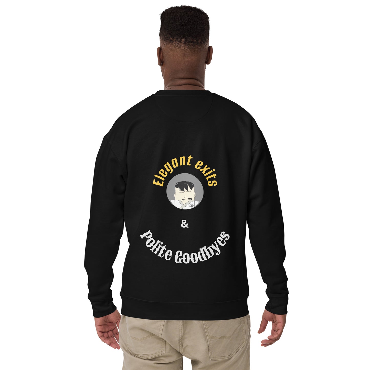 Person wearing a black sweatshirt with text and a judo themed logo on the back, on a white background