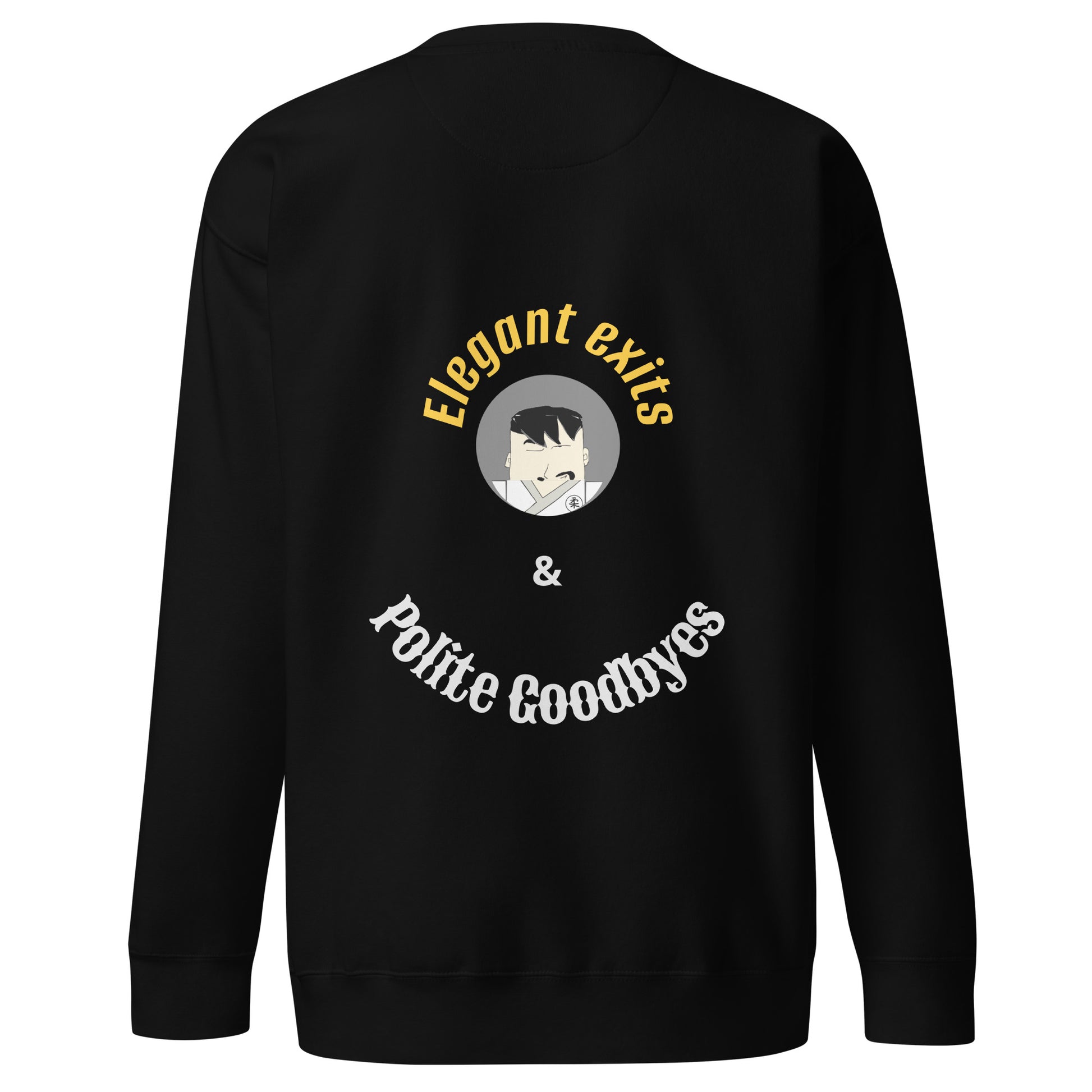 Black sweatshirt with text and judo themed graphic on the back against a white background