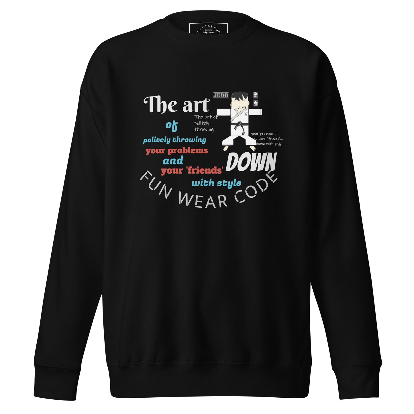 Black sweatshirt with colorful text and judo graphic design together with a 'FUN WEAR CODE' text logo on a white background