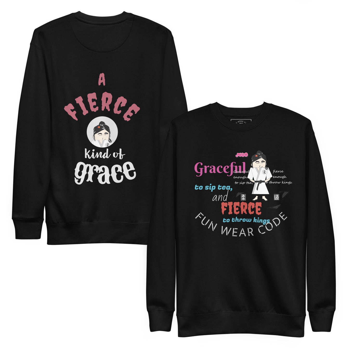 Front and back of a black sweatshirt with text, a judo lady graphic design and 'Fun Wear Code' text logo on a white background