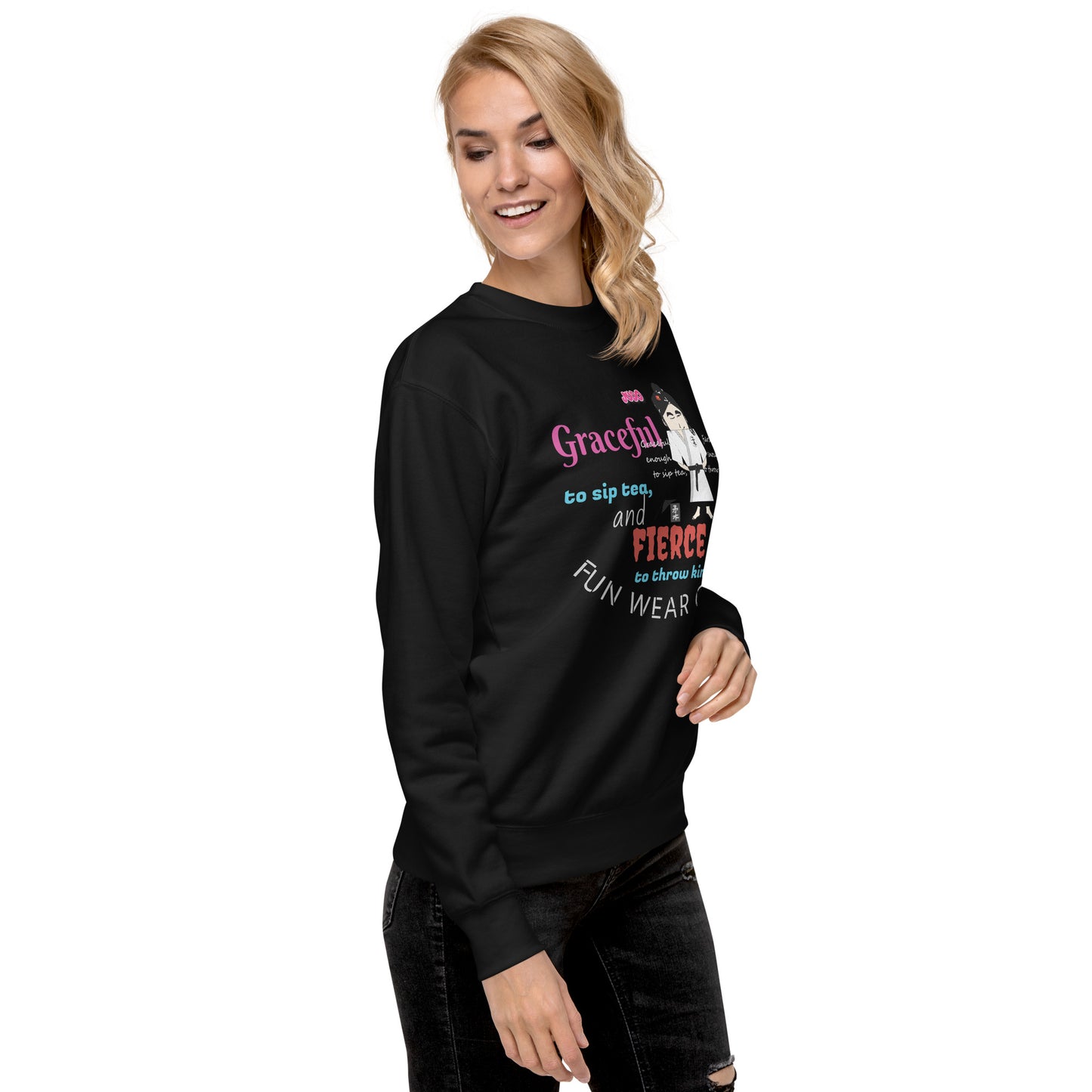 Woman wearing a black sweatshirt with text, a judo lady graphic design and 'Fun Wear Code' text logo on a white background