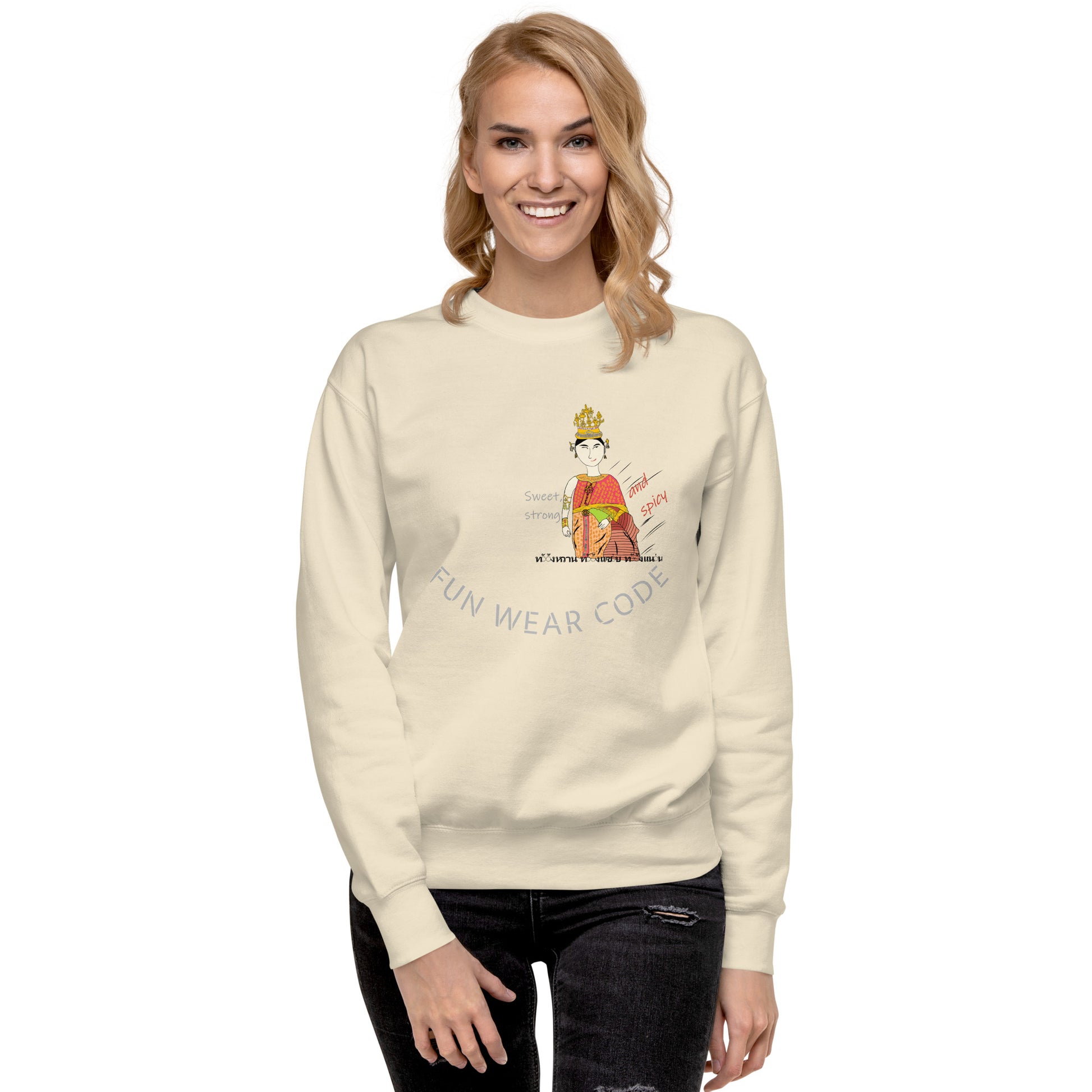 Woman wearing a cream sweatshirt with a Thai lady graphic design and text 'FUN WEAR CODE' on a white background