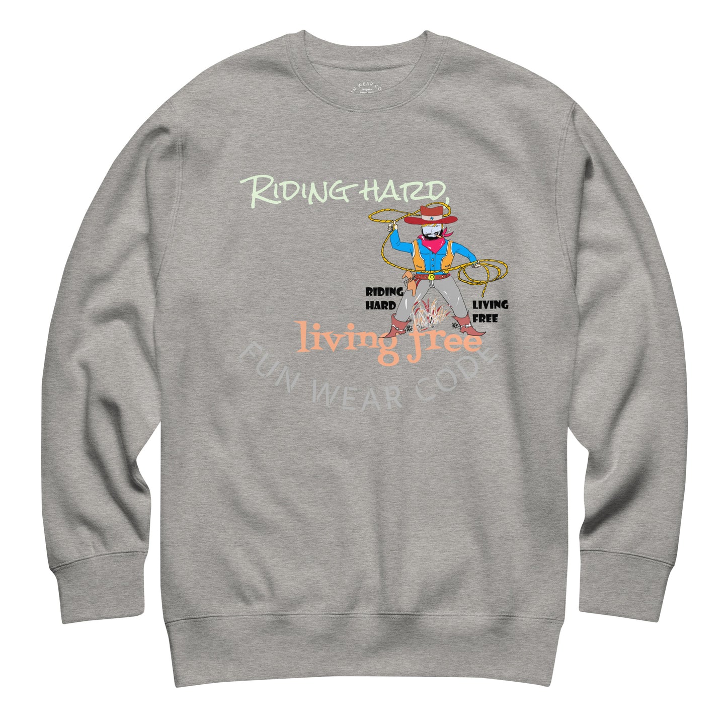 Gray 'Fun Wear Code' branded sweatshirt with a cowboy graphic design and text on a white background