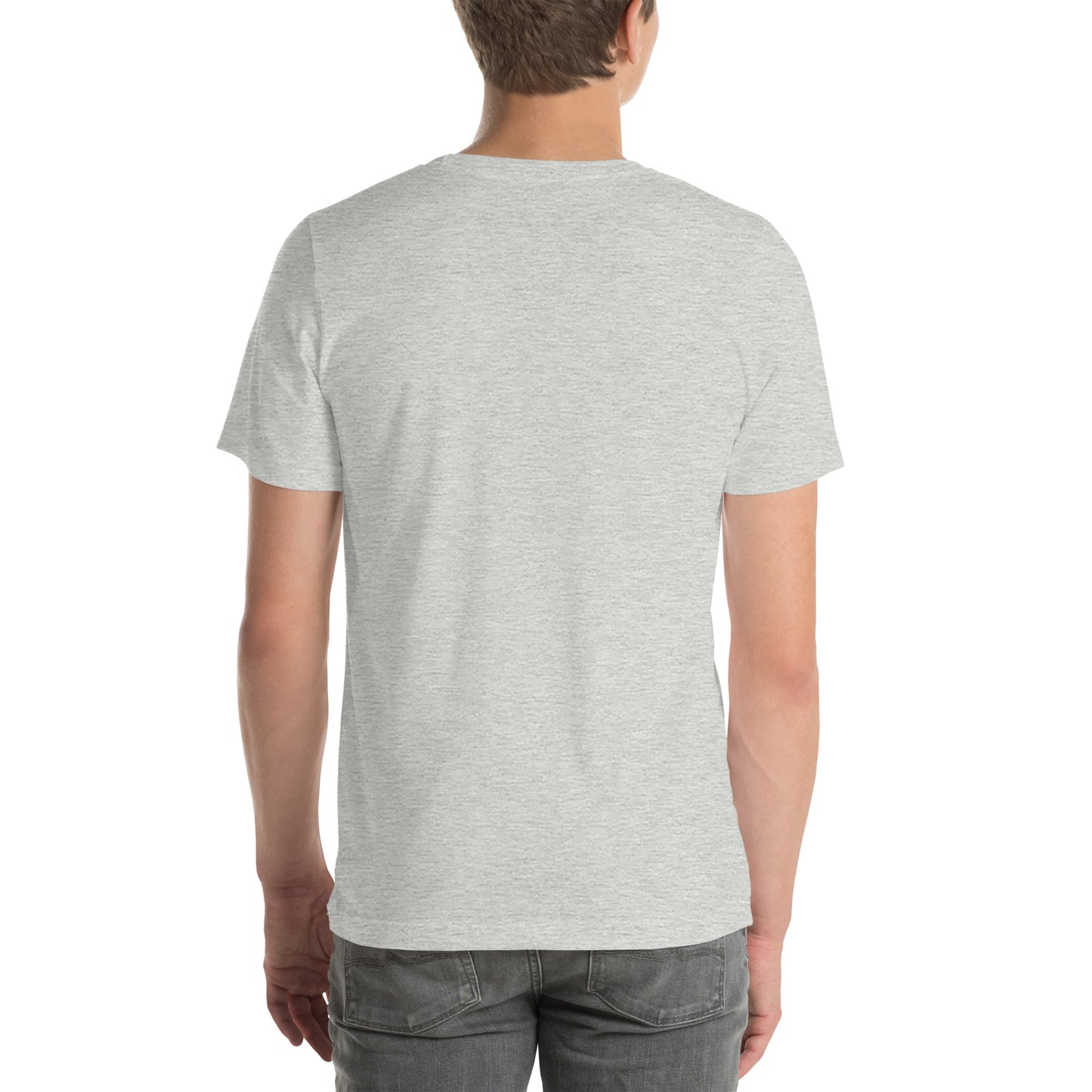Person wearing a gray t-shirt on a white background