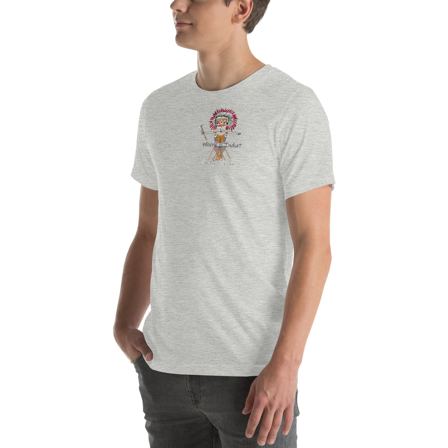 Left side view of a man model wearing a gray t-shirt with an American Indian man graphic design on a white background