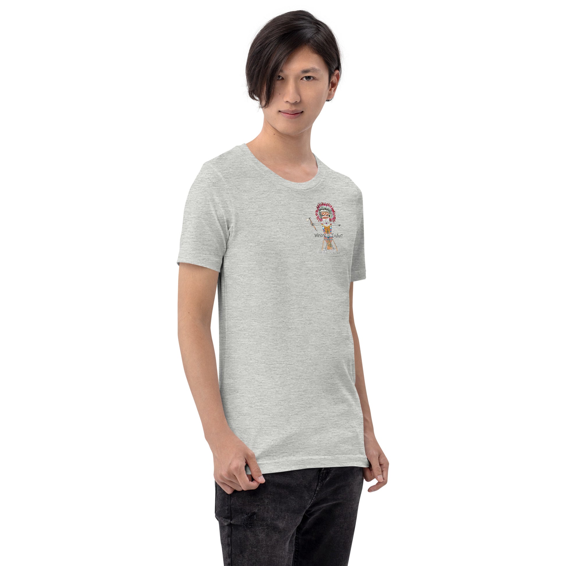 Right side view of a man model wearing a gray t-shirt with an American Indian man graphic design on a white background