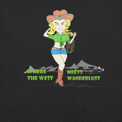 Cartoon character in a cowboy outfit with text 'Where the West Meets Wanderlust' on a black background