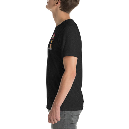 Person wearing a black t-shirt with a graphic design on a white background