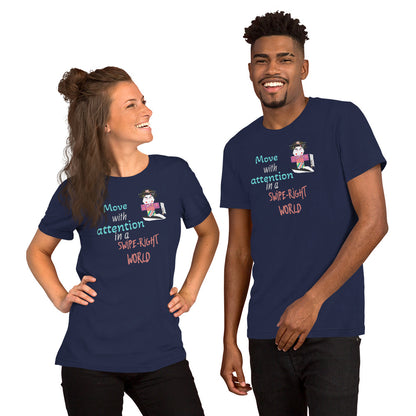Two people wearing navy blue t-shirts with a playful geisha graphic design and text.