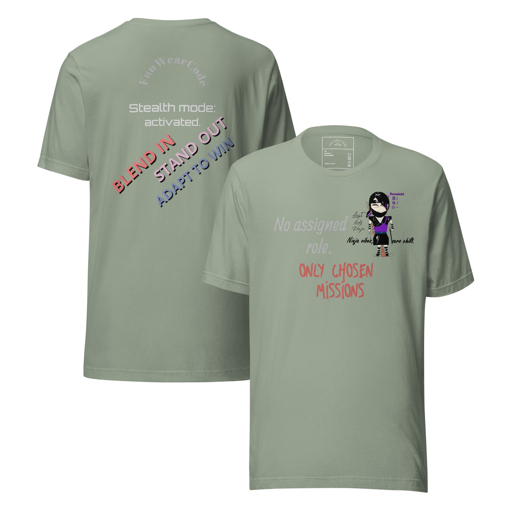 Green t-shirt with a 'Fun Wear Code' text logo, colorful texts and a playful lady ninja graphic design on a white background