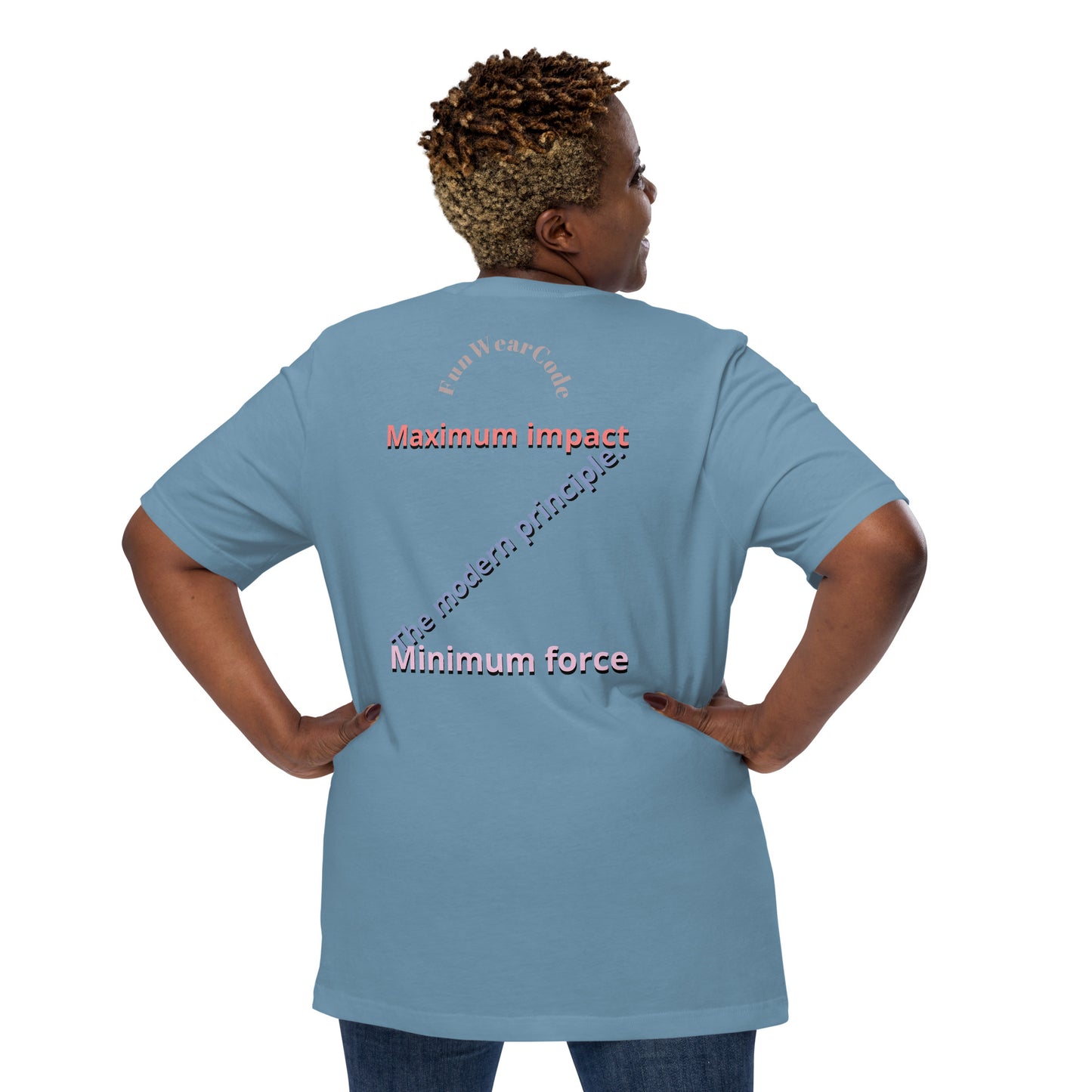 Person wearing a blue t-shirt with a 'Fun Wear Code' text logo and motivational quote on the back, standing against a white background