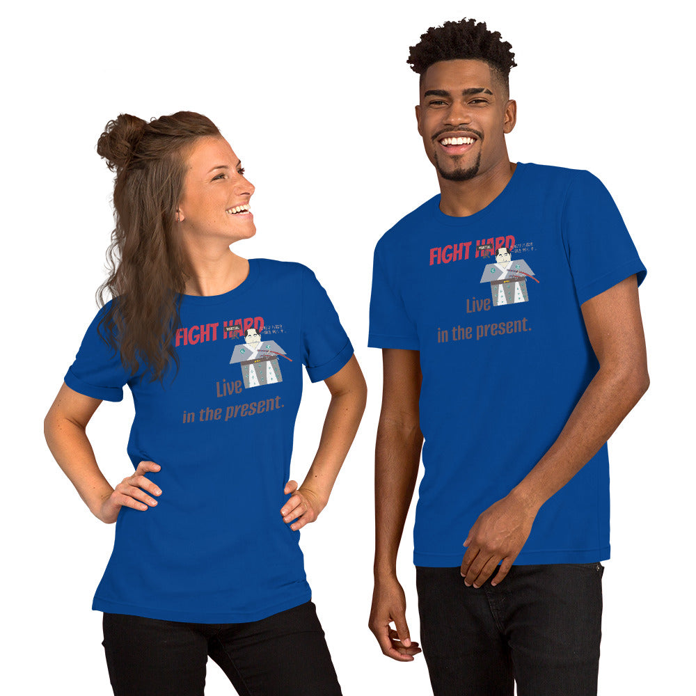 Two people wearing blue t-shirts with a playful samurai graphic and motivational quote on a white background