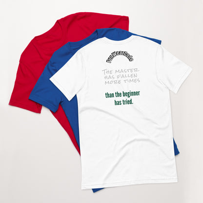 White t-shirt with text design and a 'Fun Wear Code' text logo, red and blue shirts in the background