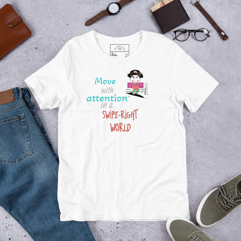 White t-shirt with a playful geisha graphic and text on a gray surface with jeans, shoes, and accessories.