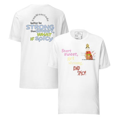 Two white t-shirts with motivational phrases and Thai lady graphics, together with a logo text 'Fun Wear Code' on a white background