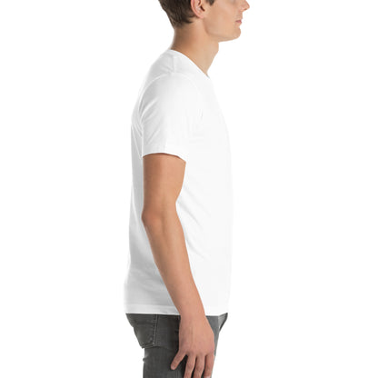 Person wearing a plain white t-shirt on a white background
