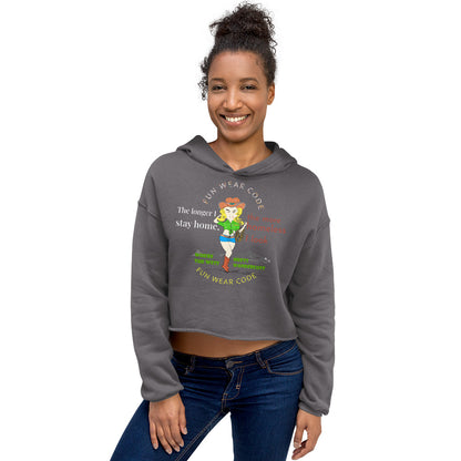Woman wearing a 'Fun Wear Code' branded gray hoodie with a cowgirl graphic design on a white background