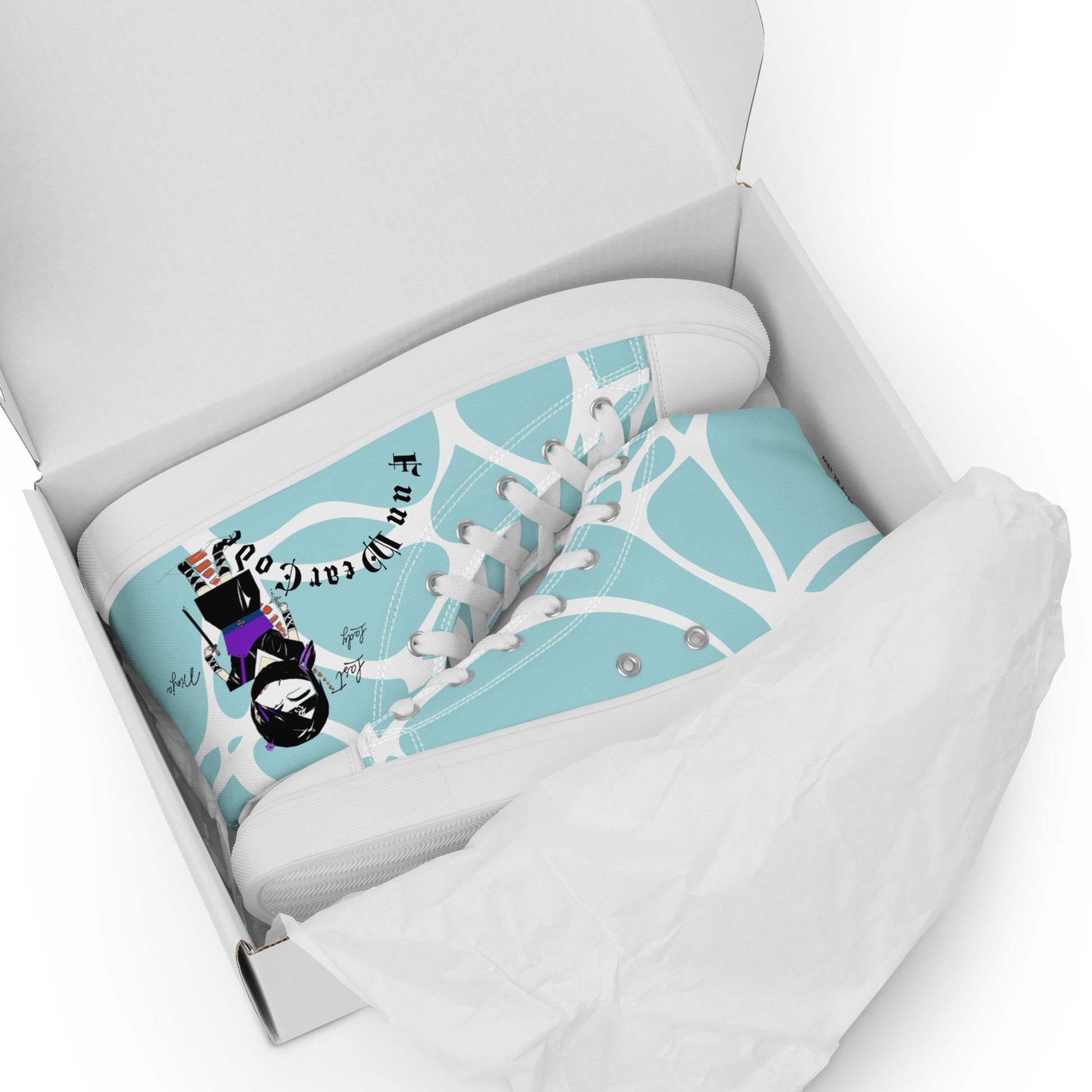 A pair of high-top sneakers with a ninja graphic and 'Fun Wear Code' text logo in a white box on a white background