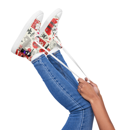 Colorful high-top sneakers with a lady ninja and the other Japanese iconic graphic design worn by a person in blue jeans on a white background